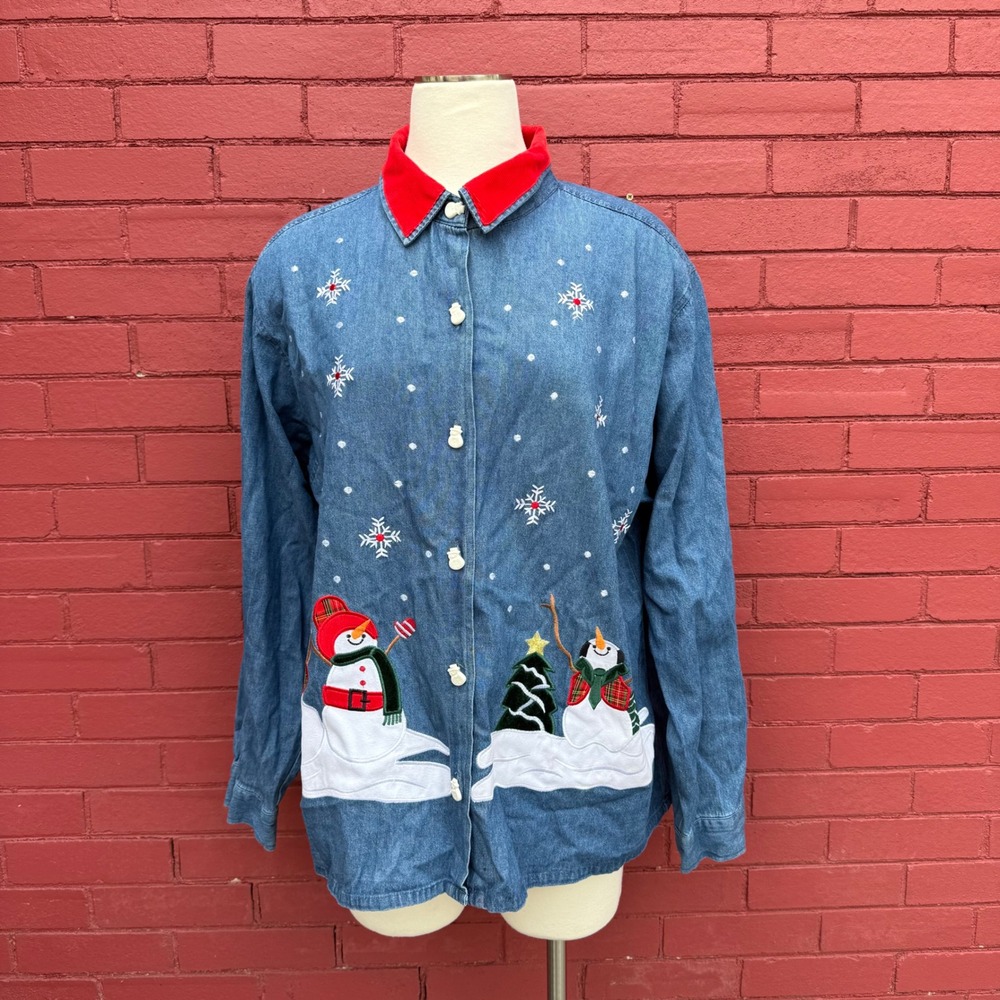 Vtg Tantrums Womens XXL Denim Christmas Shirt‎ Snowman Corduroy Cottage Grandma